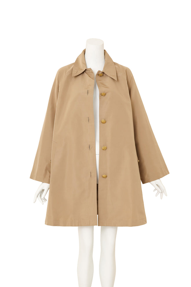 Khaki Silk Swing Coat by Chanel on mannequin open @ Recess LA