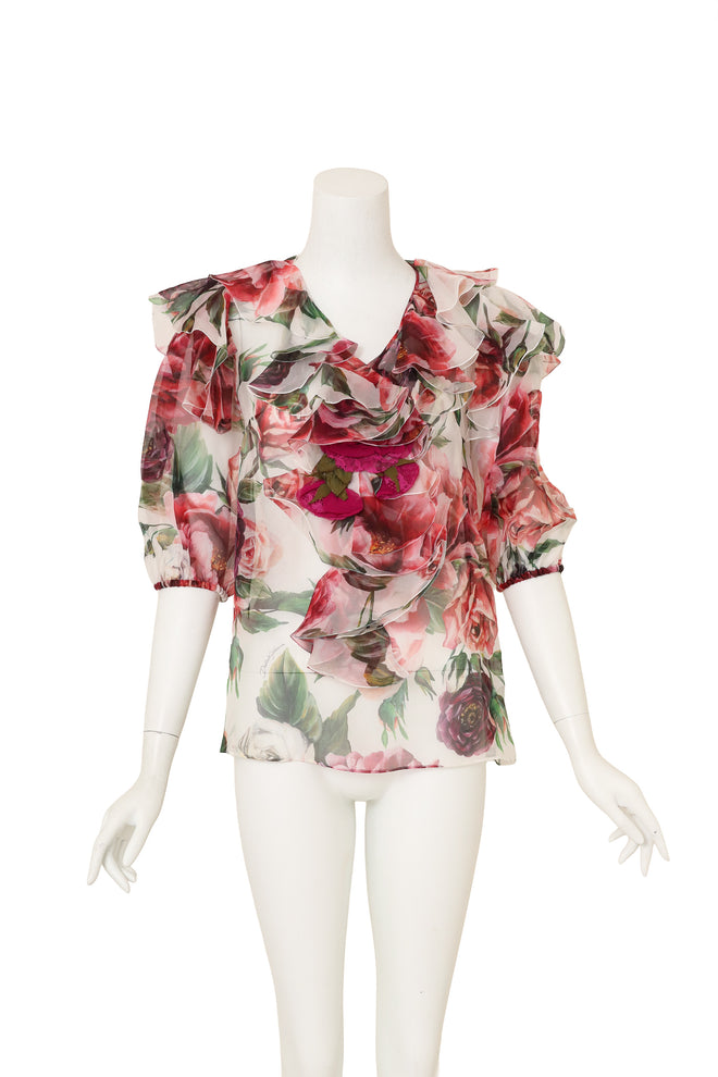 Silk Floral Ruffle Top by Dolce & Gabbana  on mannequin @ Recess LA
