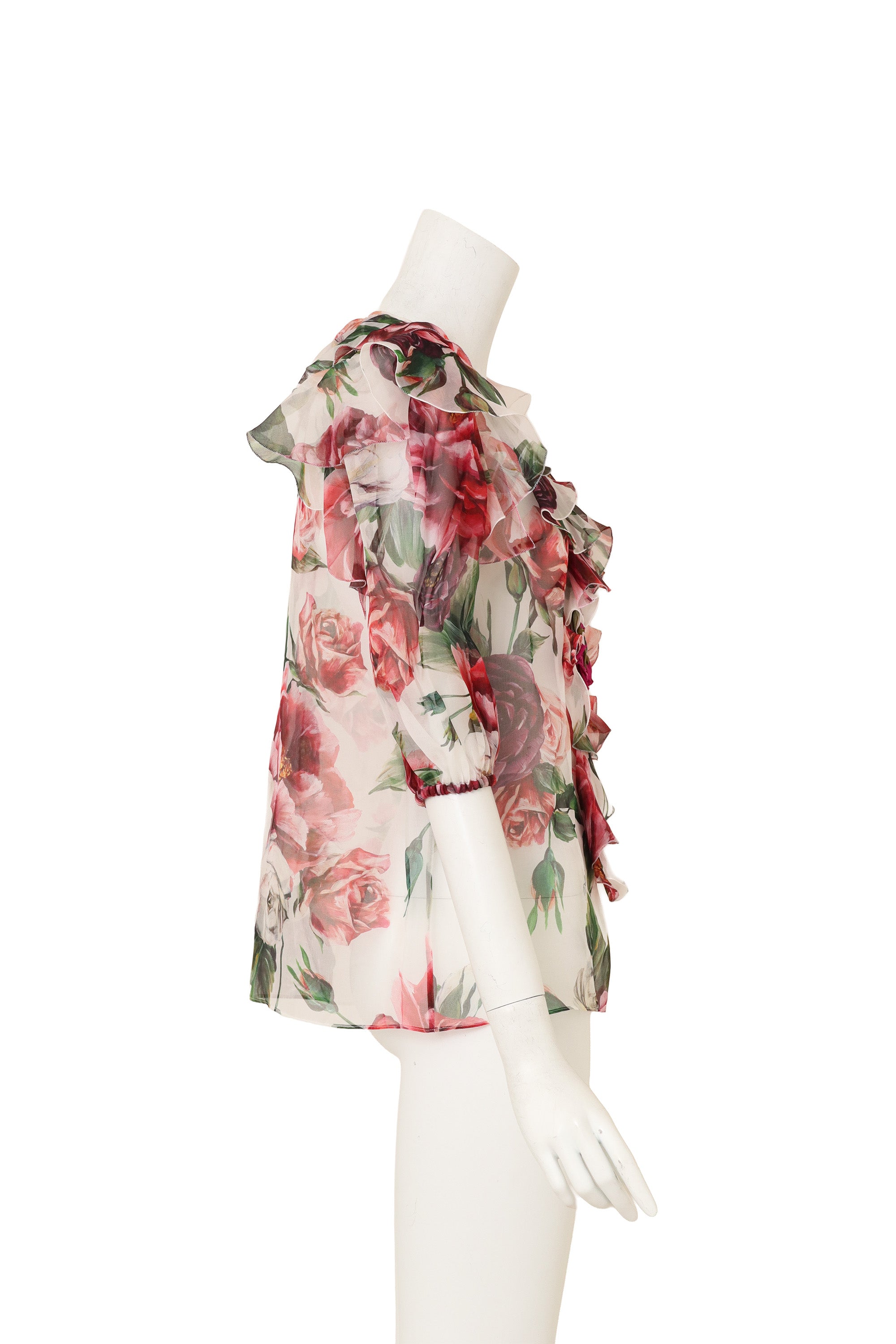 Silk Floral Ruffle Top by Dolce & Gabbana  on side of mannequin @ Recess LA