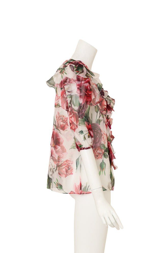 Silk Floral Ruffle Top by Dolce & Gabbana  on side of mannequin @ Recess LA