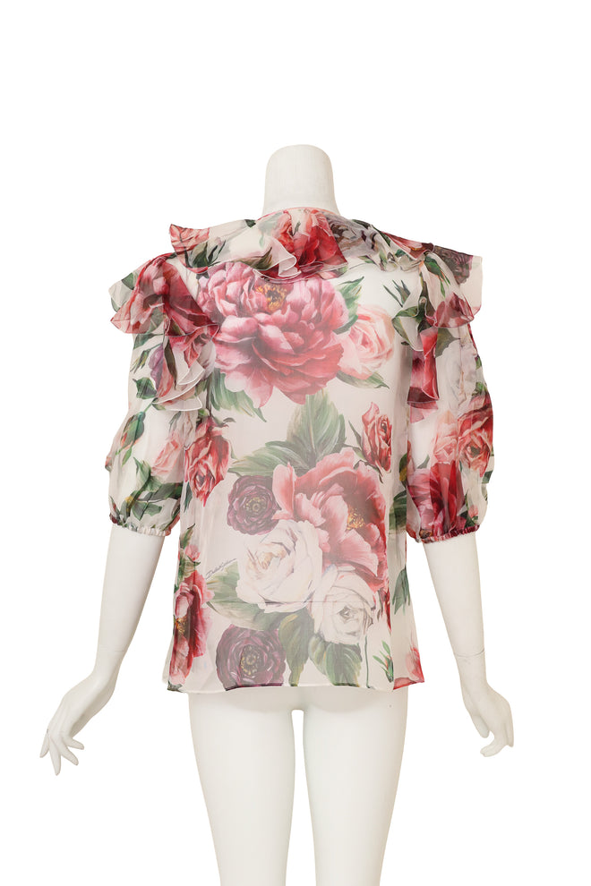 Silk Floral Ruffle Top by Dolce & Gabbana  on back of mannequin @ Recess LA
