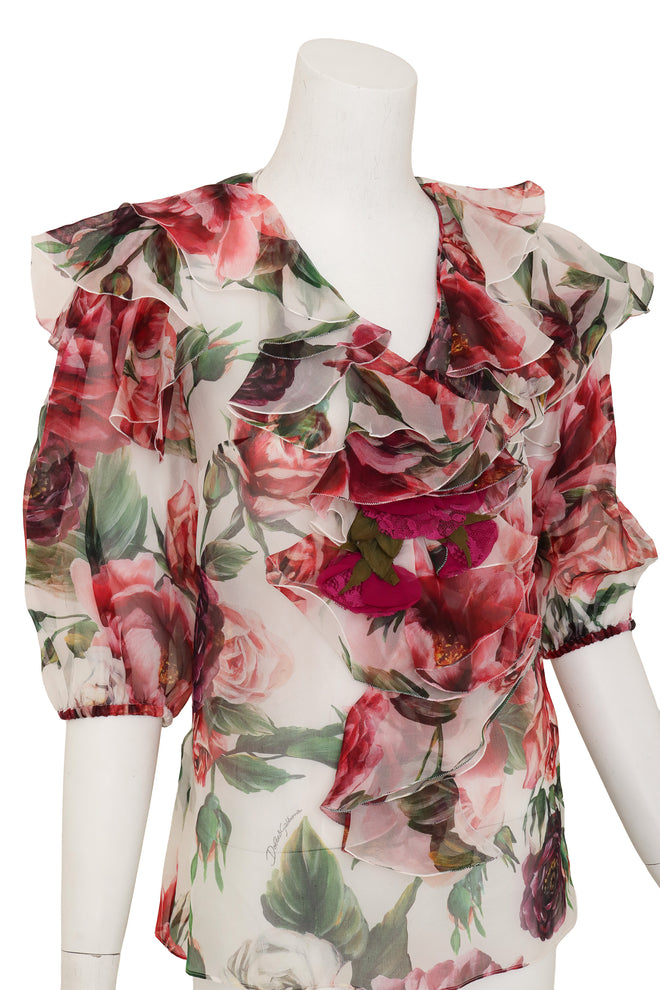 Silk Floral Ruffle Top by Dolce & Gabbana on mannequin close @ Recess LA