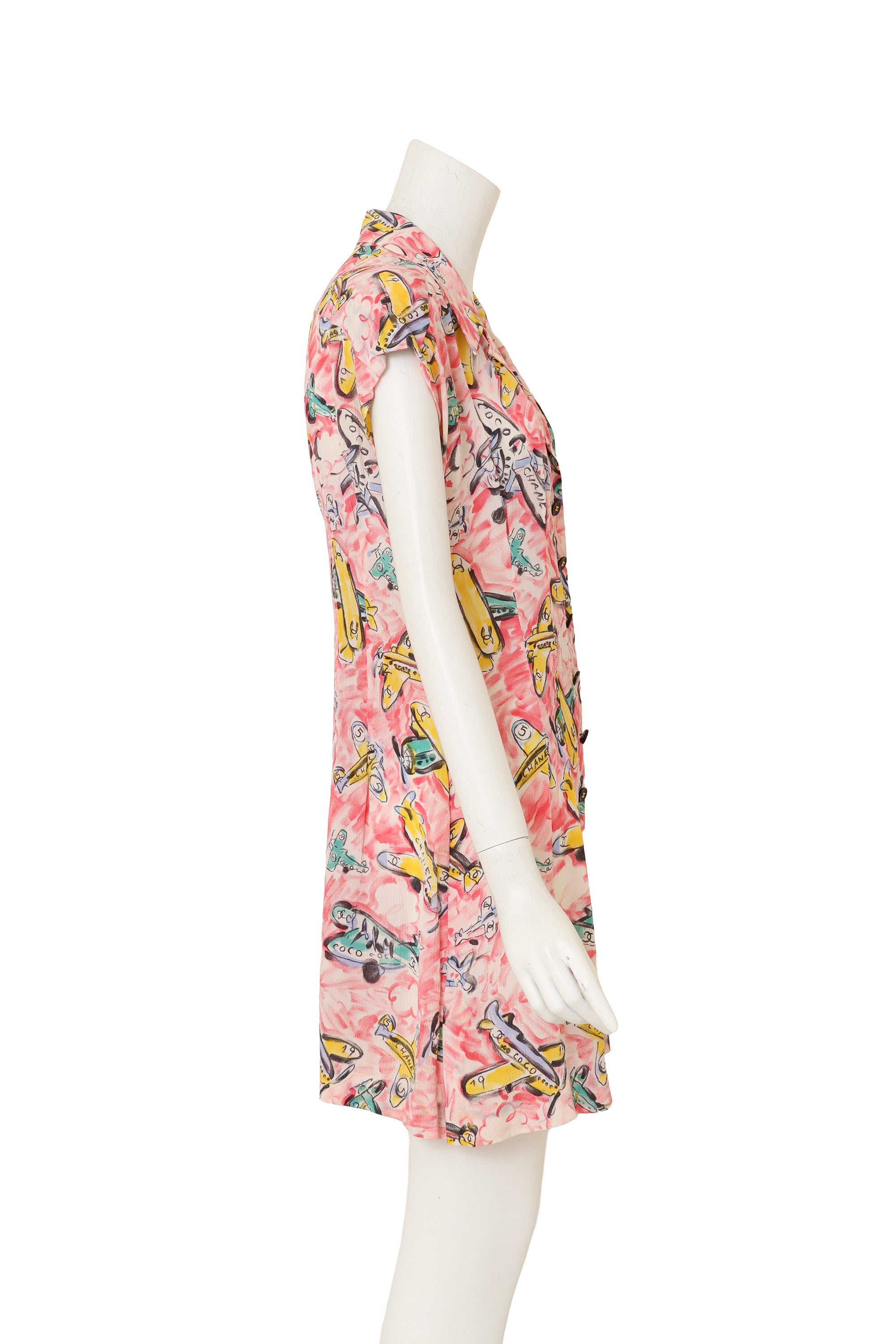 Plane Print Silk Dress by Chanel on mannequin side @ Recess LA