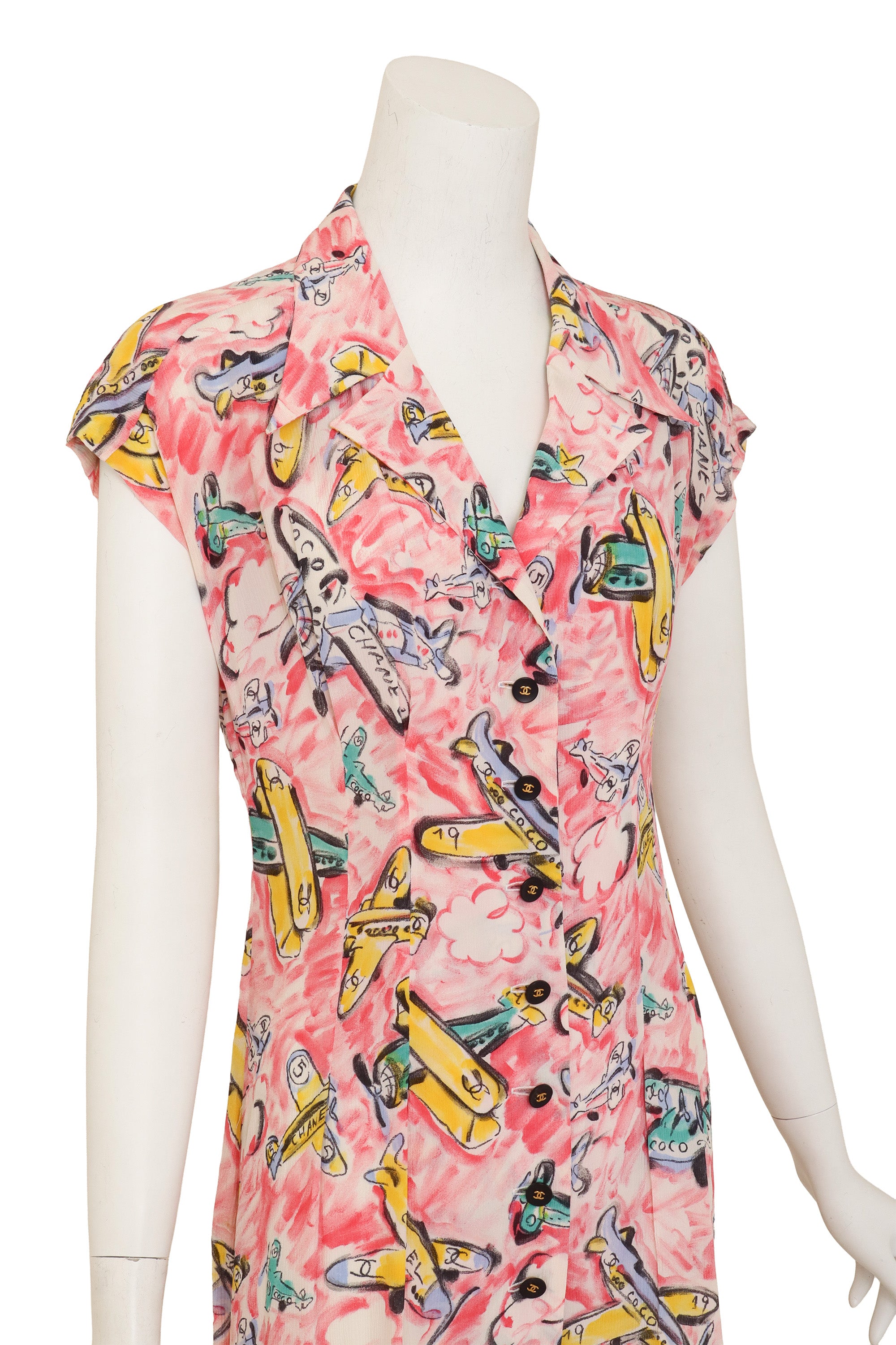 Plane Print Silk Dress by Chanel on mannequin close @ Recess LA