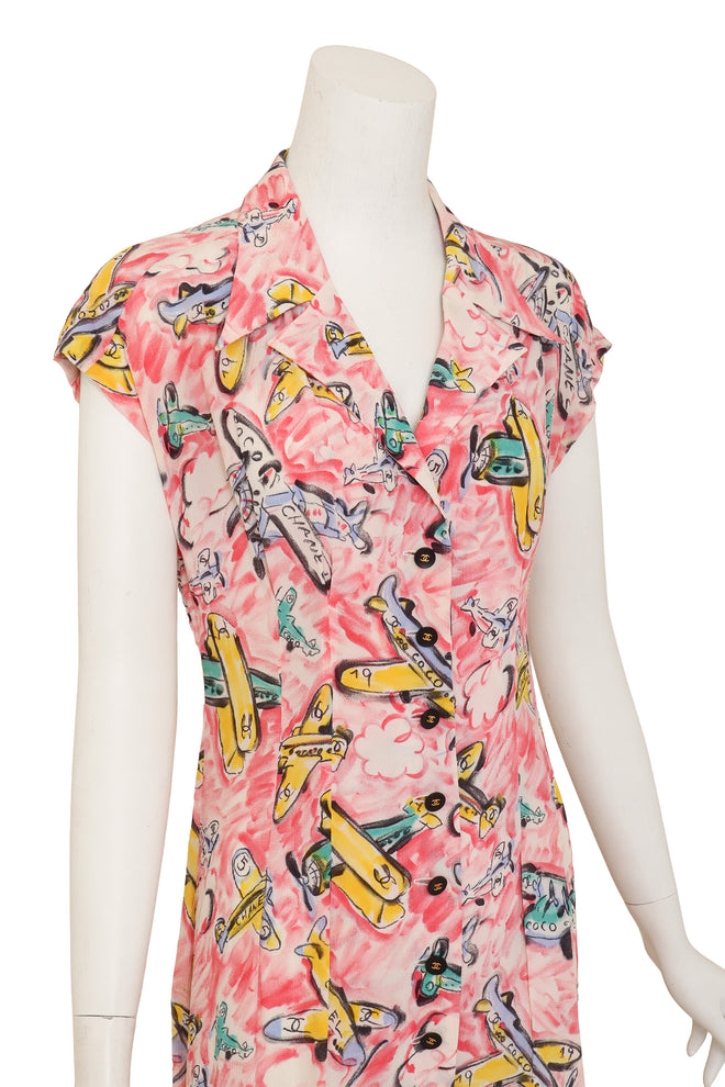 Plane Print Silk Dress by Chanel on mannequin close @ Recess LA