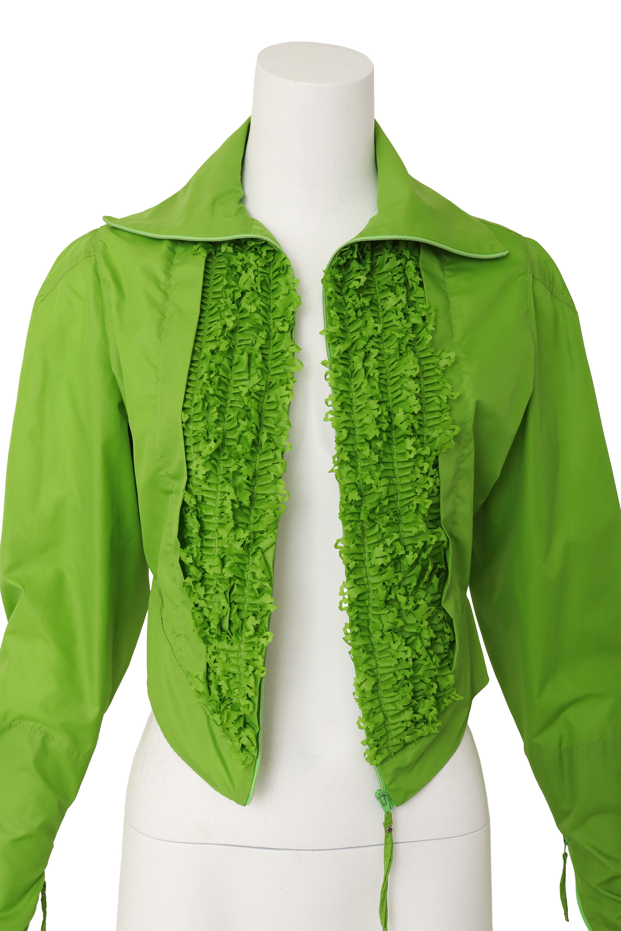 ruffle-front zip jacket by Jean Paul Gaultier on mannequin open @ Recess LA