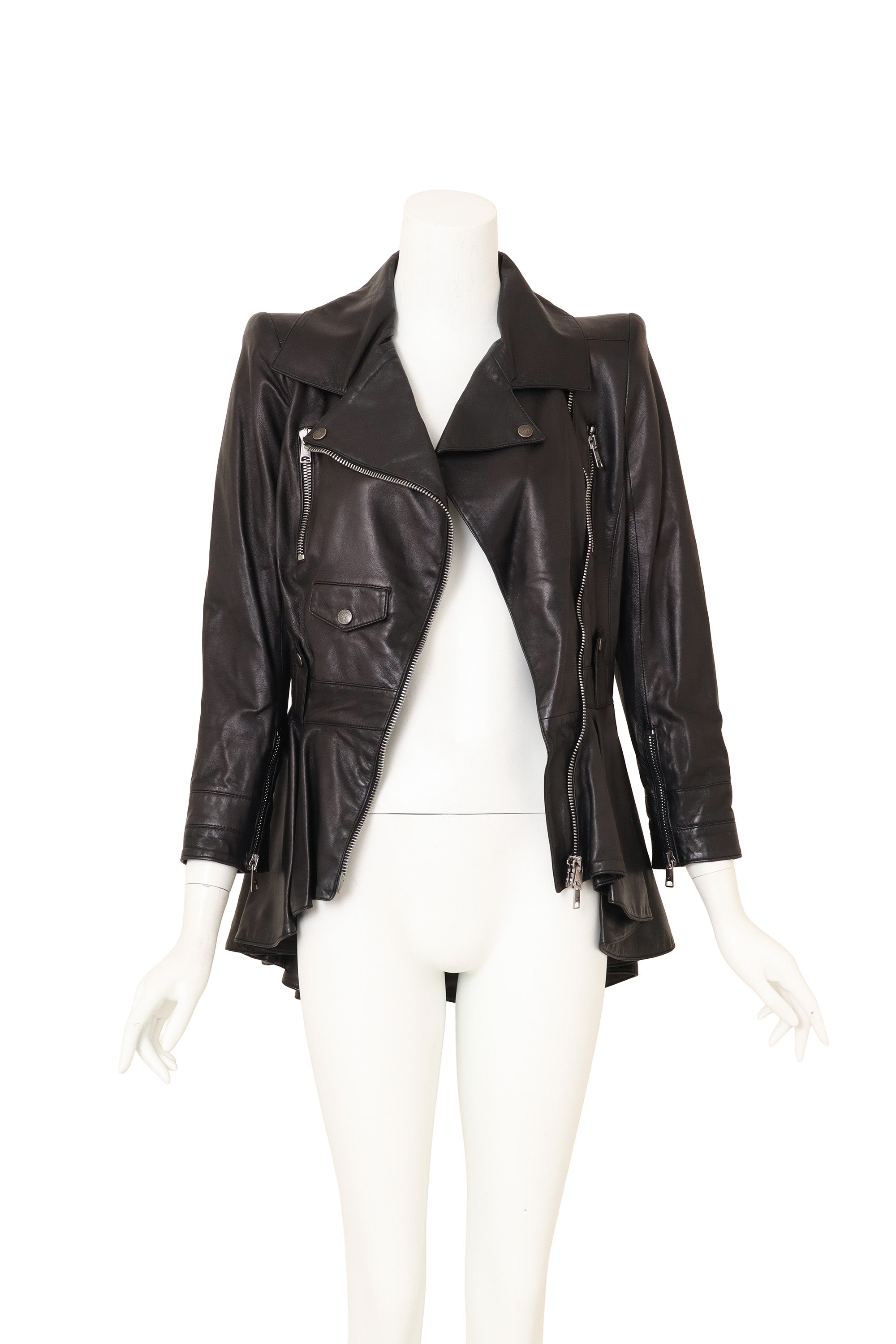 Leather Peplum Moto Jacket by Alexander McQueen open on mannequin @ Recess LA
