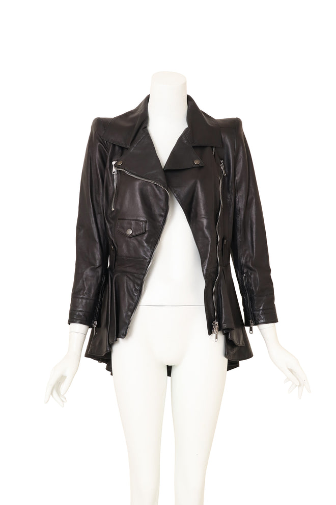 Leather Peplum Moto Jacket by Alexander McQueen open on mannequin @ Recess LA