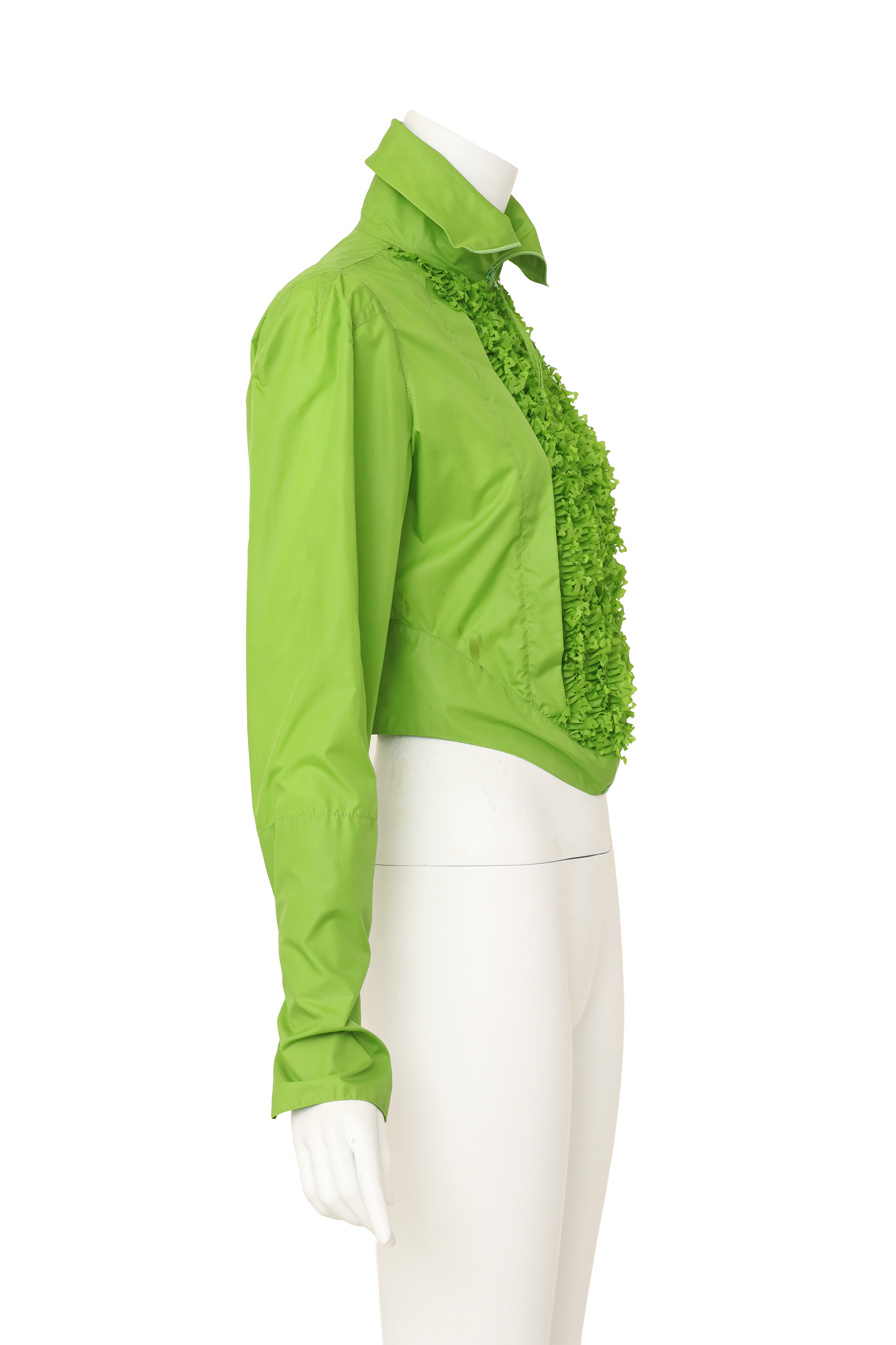 ruffle-front zip jacket by Jean Paul Gaultier on mannequin side @ Recess LA