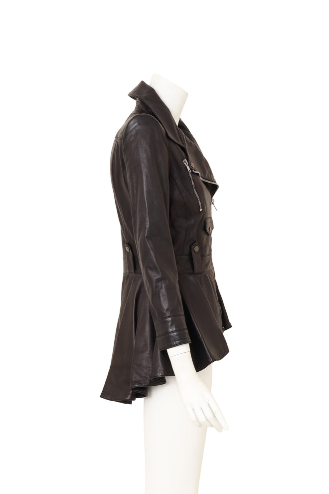 Leather Peplum Moto Jacket by Alexander McQueen on mannequin side @ Recess LA