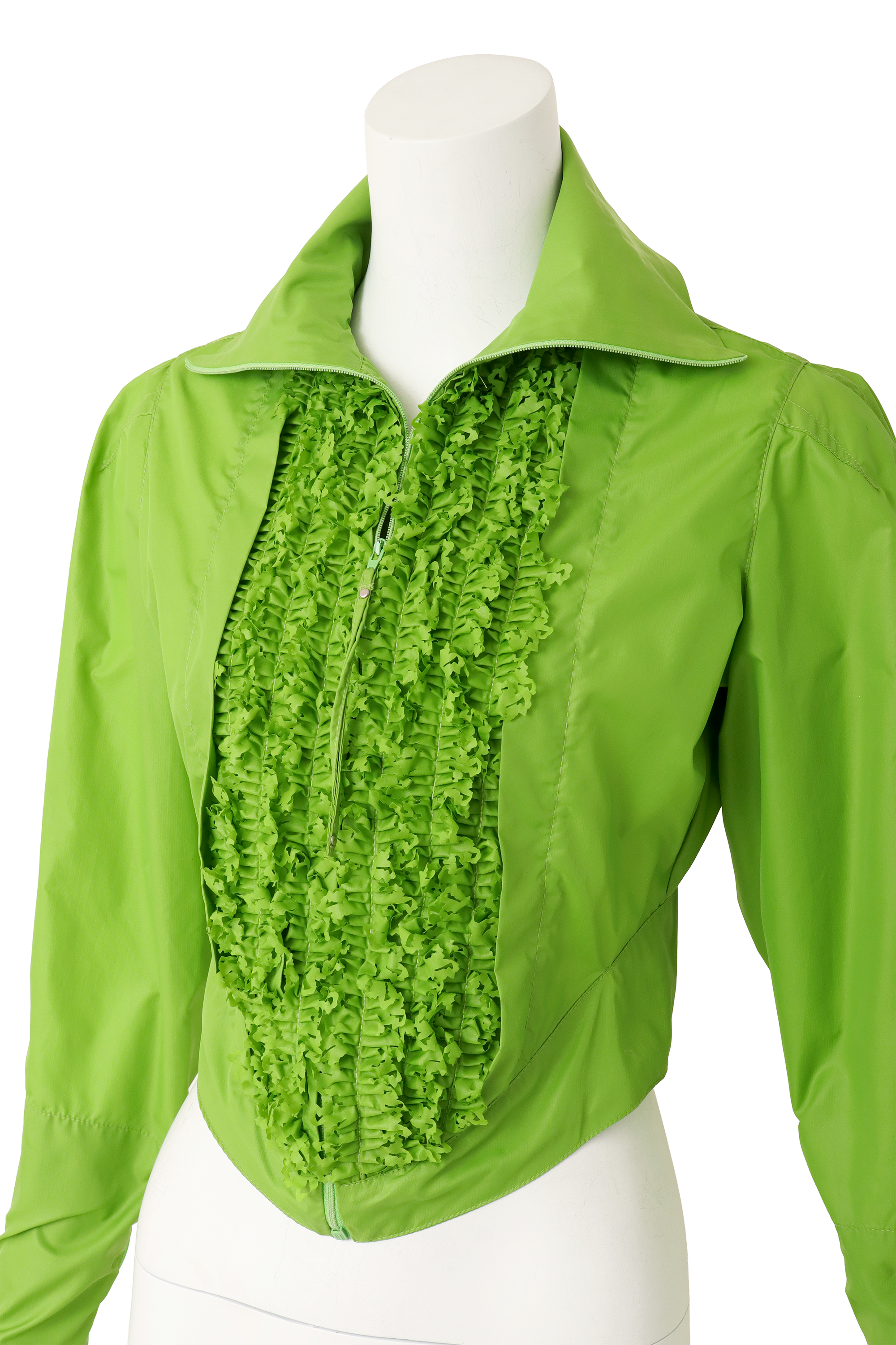 ruffle-front zip jacket by Jean Paul Gaultier on mannequin zipped close @ Recess LA