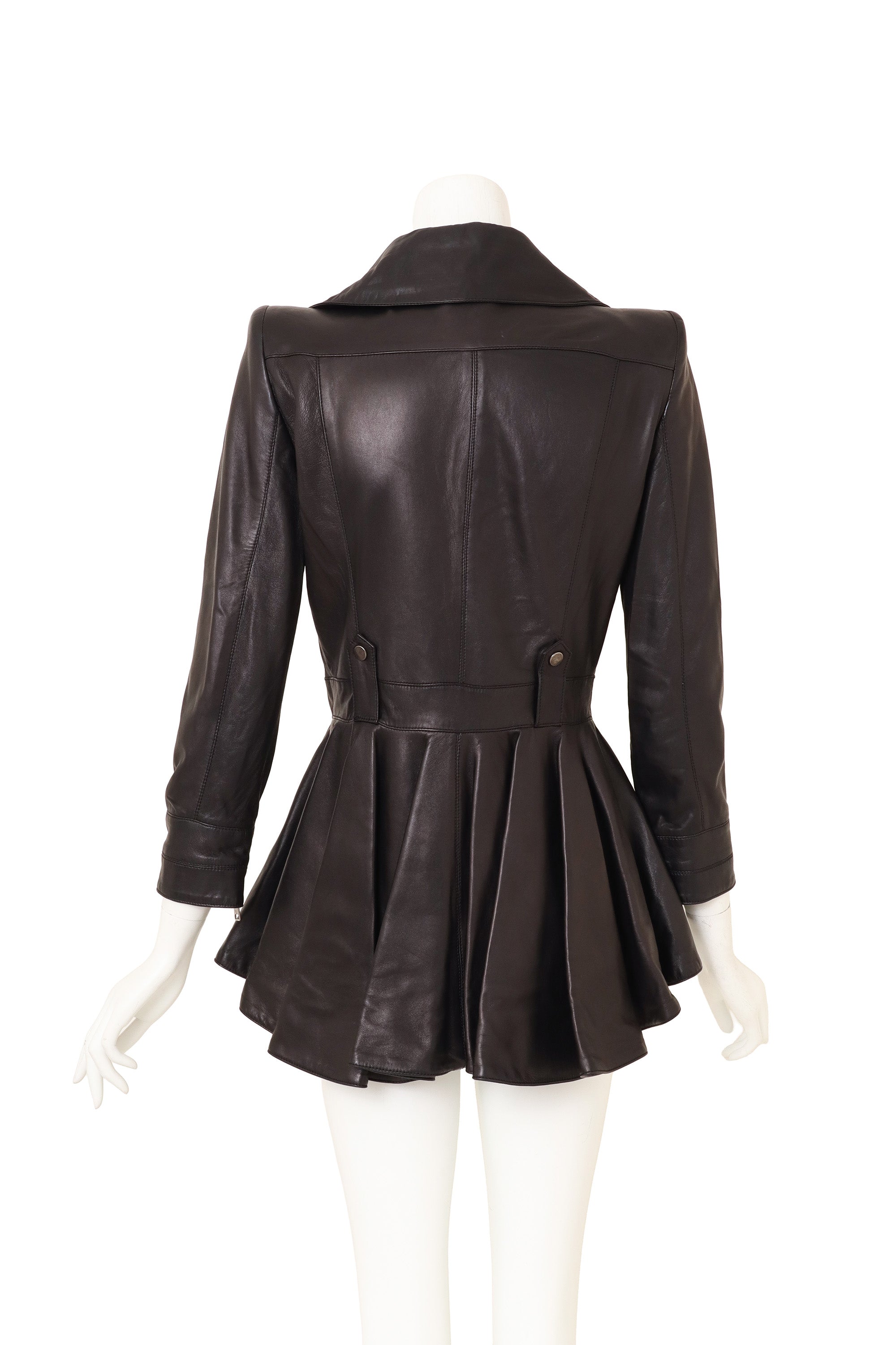 Leather Peplum Moto Jacket by Alexander McQueen on mannequin back @ Recess LA