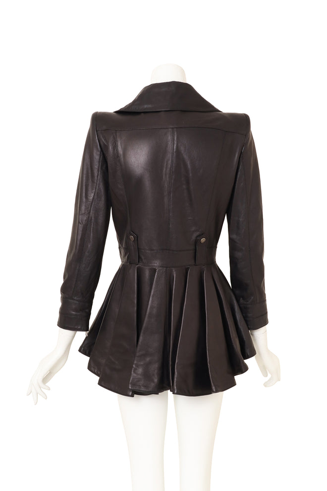 Leather Peplum Moto Jacket by Alexander McQueen on mannequin back @ Recess LA