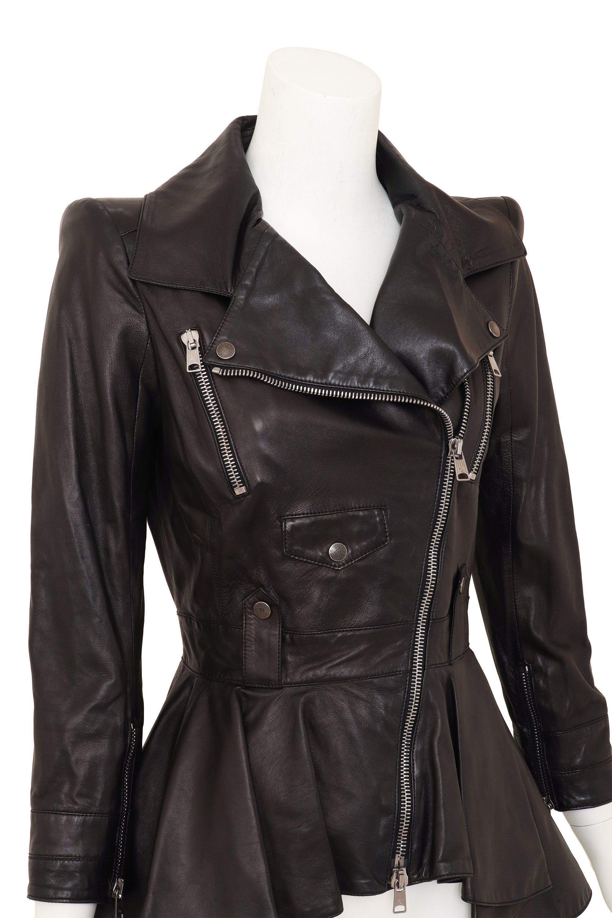 Leather Peplum Moto Jacket by Alexander McQueen on mannequin close @ Recess LA