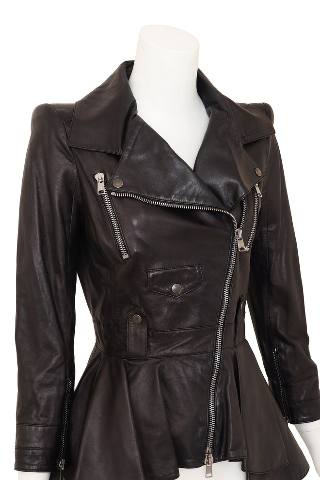 Leather Peplum Moto Jacket by Alexander McQueen on mannequin close @ Recess LA