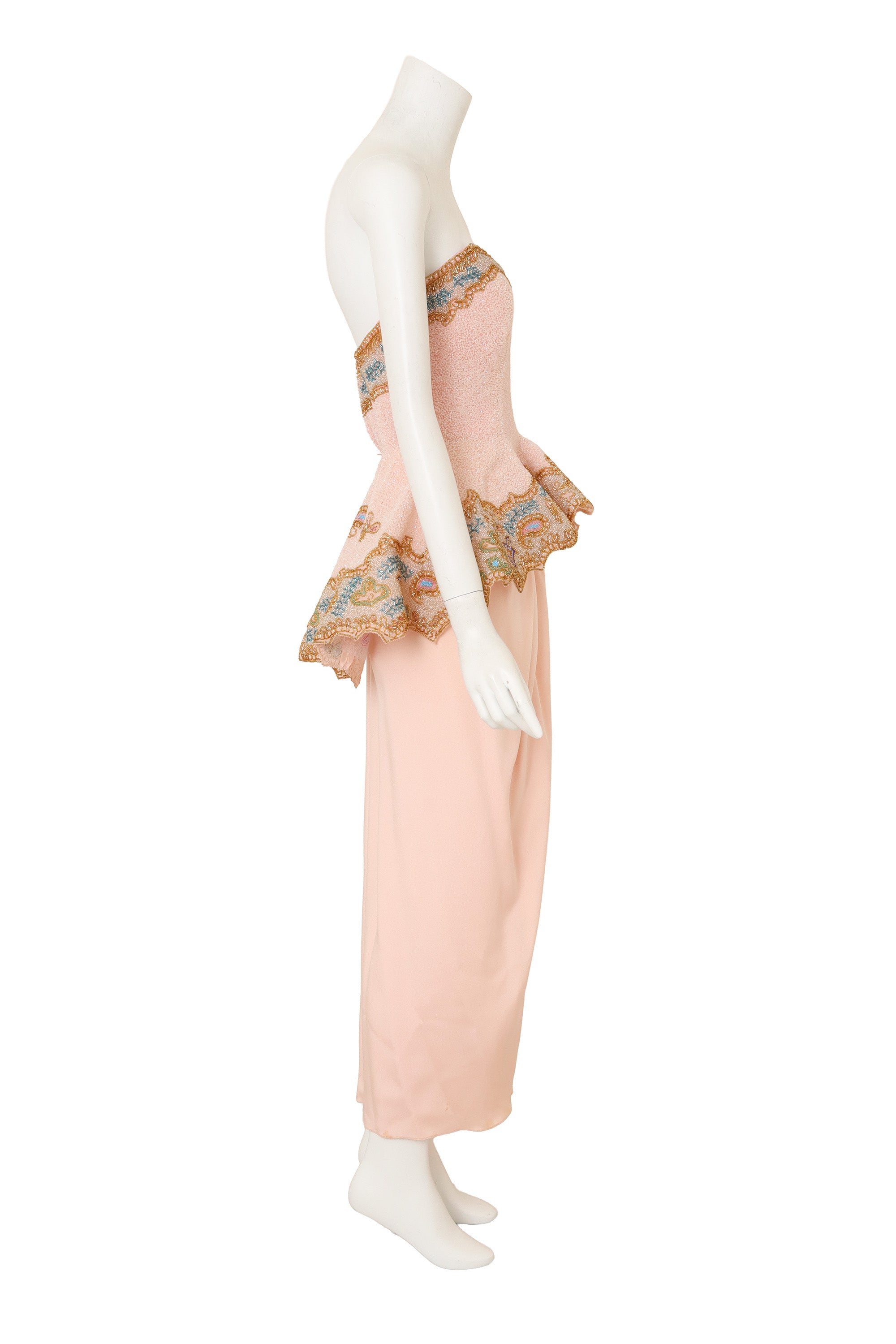 Beaded Peplum Gown & Shawl by Fabrice on mannequin side @ Recess LA