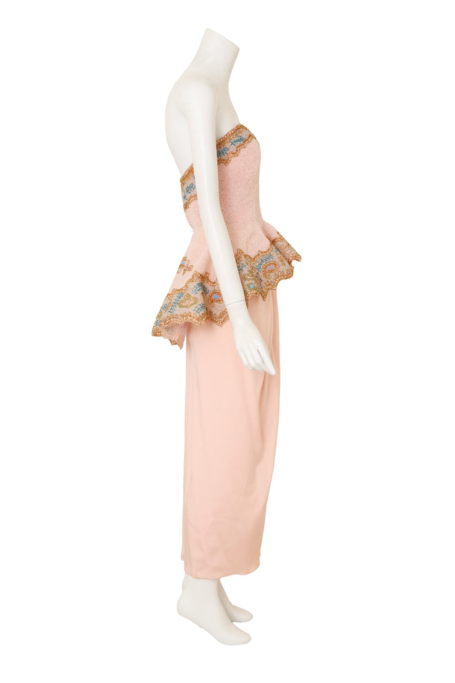 Beaded Peplum Gown & Shawl by Fabrice on mannequin side @ Recess LA