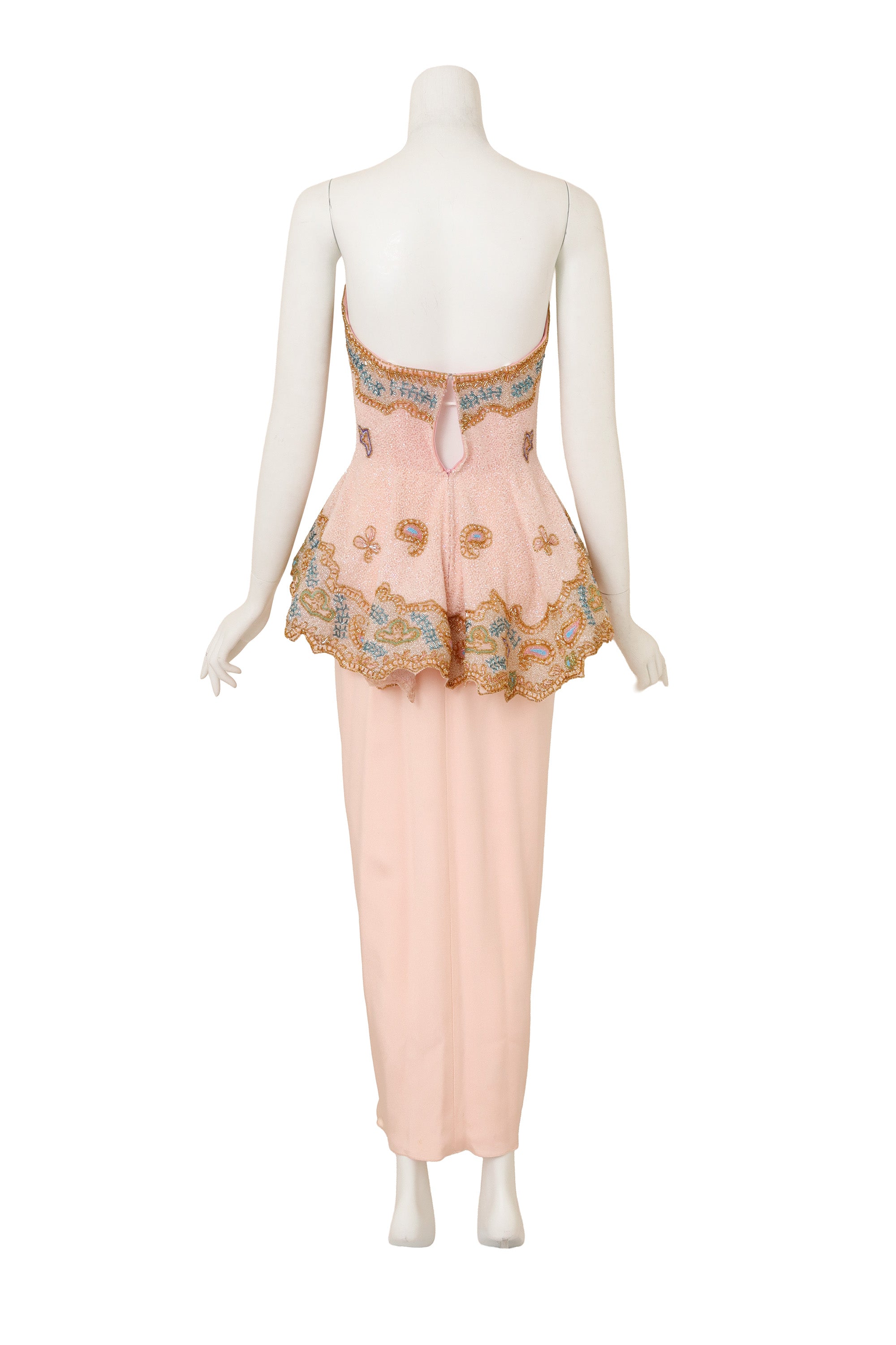 Beaded Peplum Gown & Shawl by Fabrice on mannequin back @ Recess LA