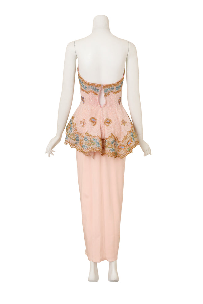 Beaded Peplum Gown & Shawl by Fabrice on mannequin back @ Recess LA