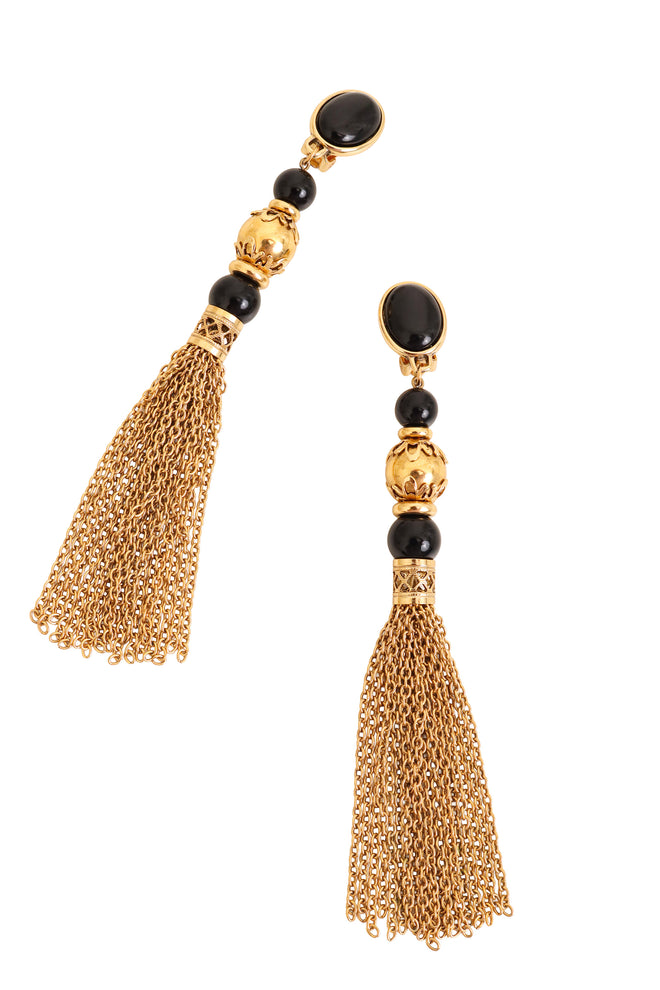 Vintage Cabochon Bead Chain Tassel Earrings close @ Recess LA