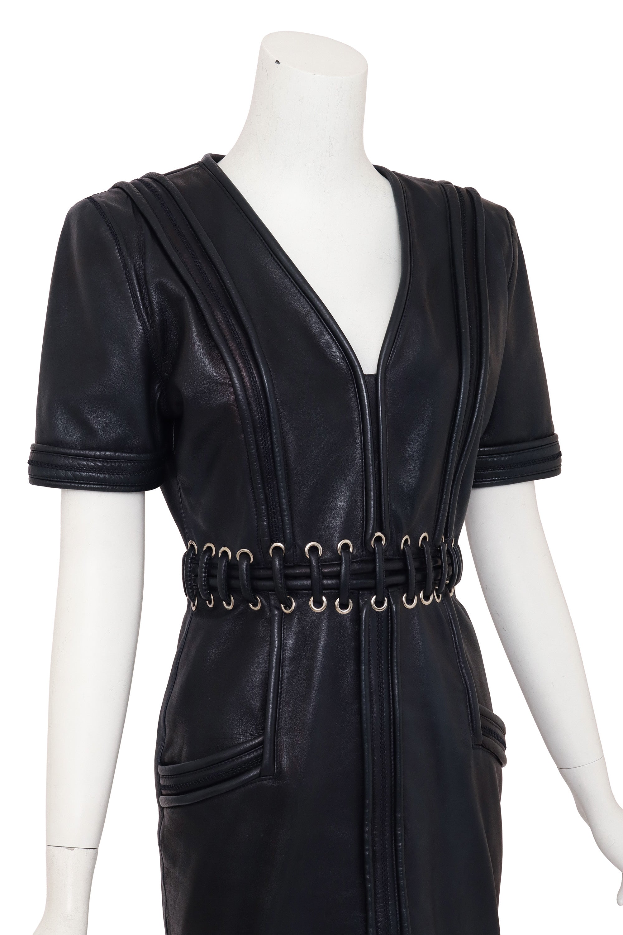 Leather Corset Waist Dress by Krizia on mannequin close @ Recess LA