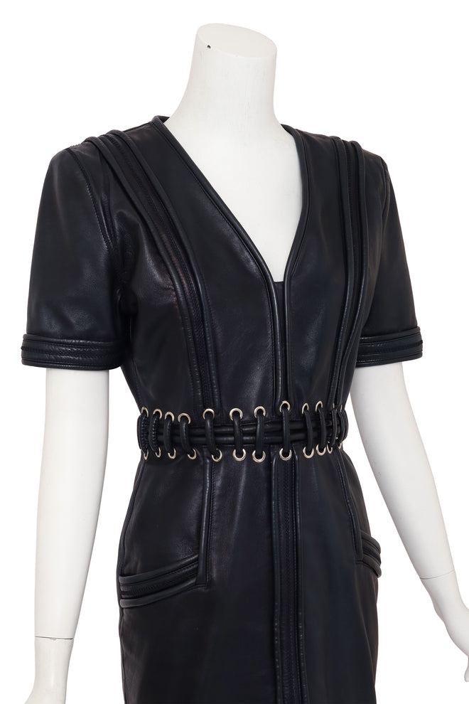 Leather Corset Waist Dress by Krizia on mannequin close @ Recess LA