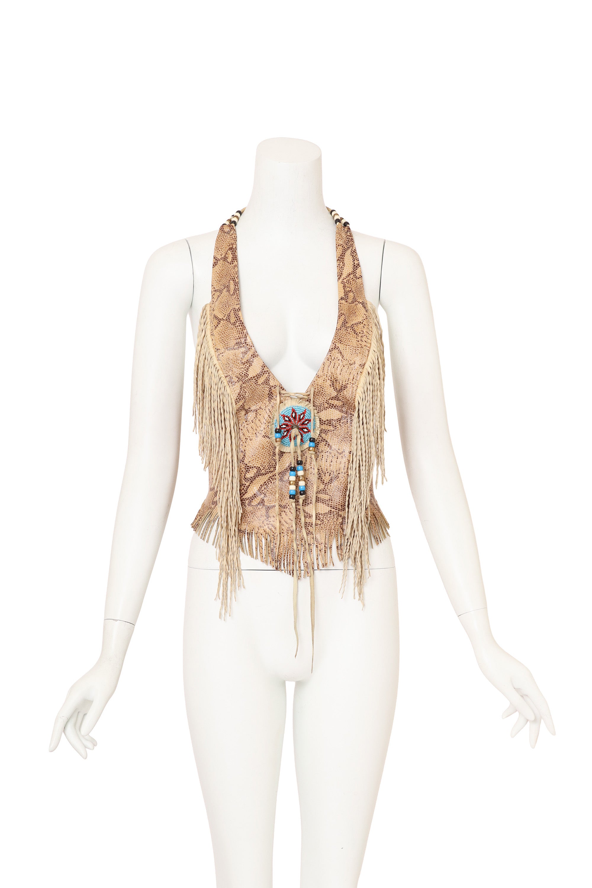 Vintage Burray Olsen Fringe Beaded Halter Top on mannequin @ Recess LA