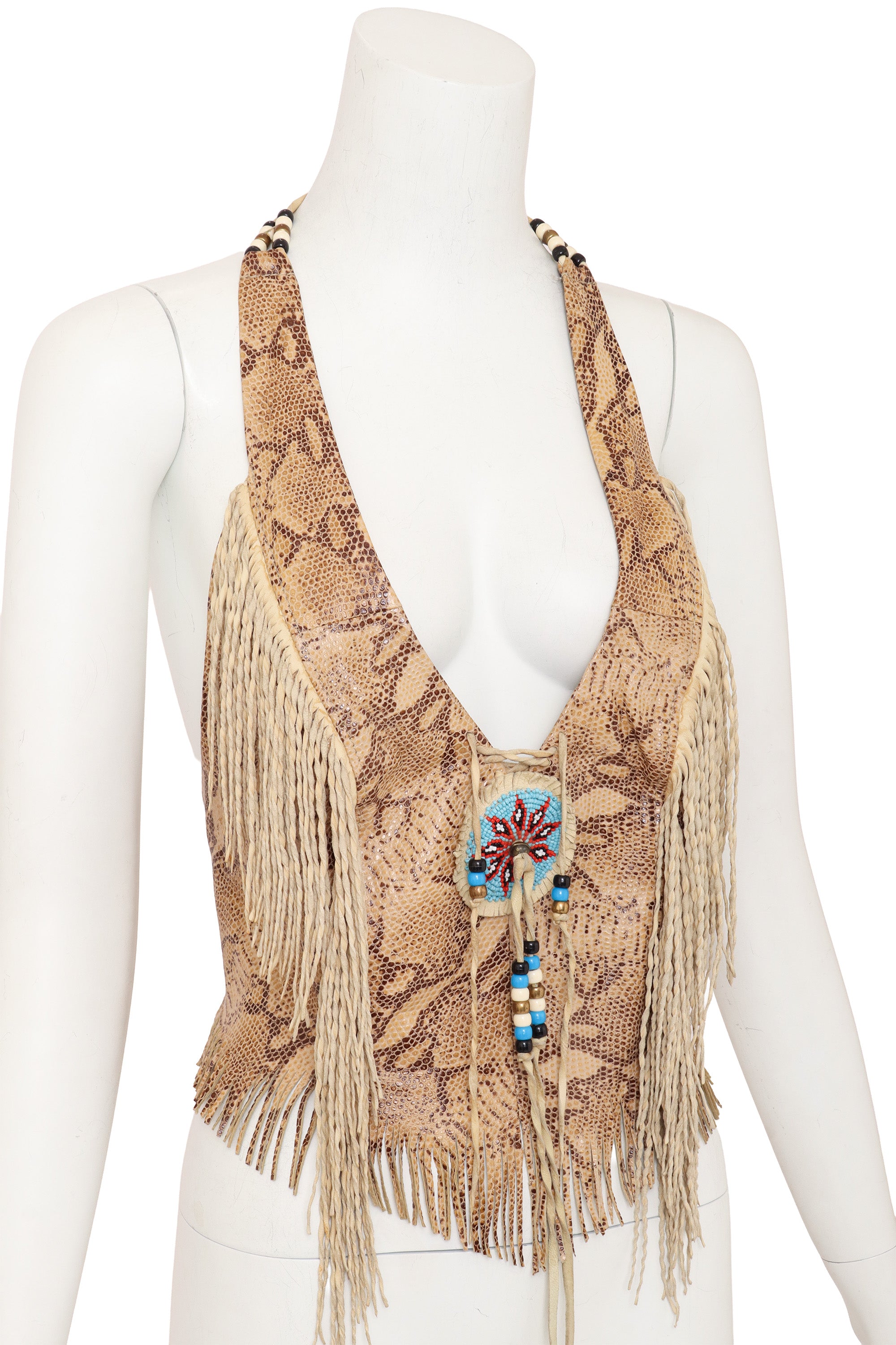 Vintage Burray Olsen Fringe Beaded Halter Top on mannequin close @ Recess LA