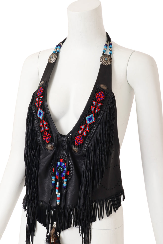 Vintage Burray Olsen Feather Fringe Halter Top on mannequin close @ Recess LA