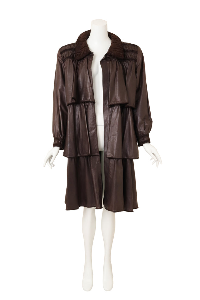 Vintage Alan Austin Leather Fur Ruffle Tiered Trench on mannequin open @ Recess LA