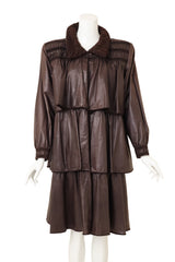 Vintage Alan Austin Leather Fur Ruffle Tiered Trench on mannequin without belt @ Recess LA