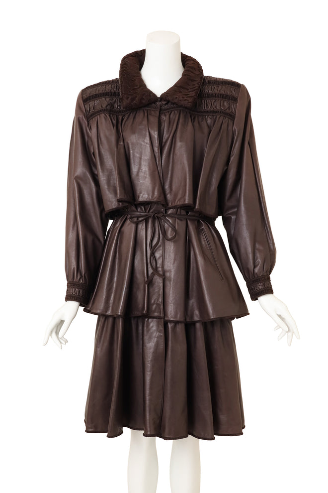 Vintage Alan Austin Leather Fur Ruffle Tiered Trench on mannequin @ Recess LA