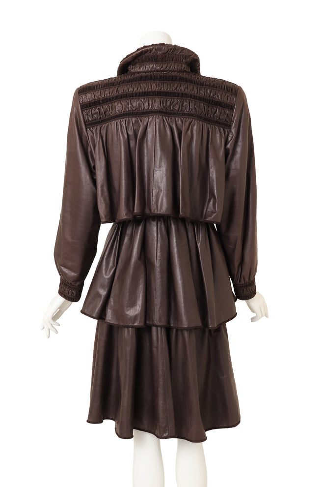 Vintage Alan Austin Leather Fur Ruffle Tiered Trench on mannequin back @ Recess LA