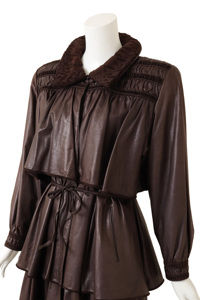 Vintage Alan Austin Leather Fur Ruffle Tiered Trench on mannequin close @ Recess LA