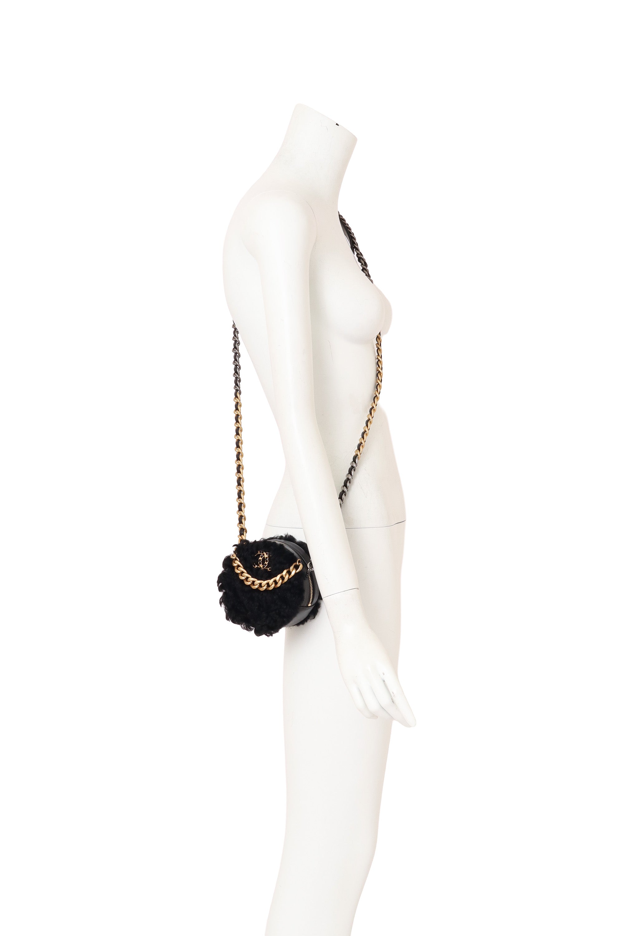 Chanel Shearling Round Vanity Bag on mannequin @ Recess LA