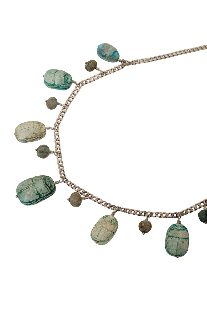Sterling Wood Scarab Charm Necklace on close up at Recess LA