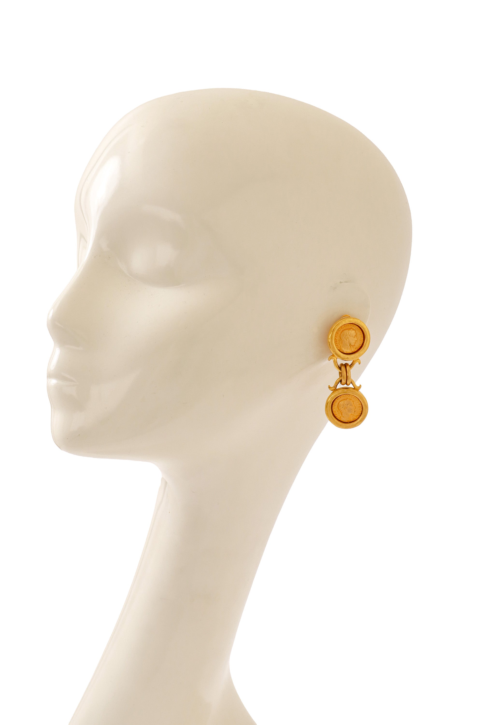 Roman coin dangle earrings by Linda Levinson on mannequin @ Recess LA