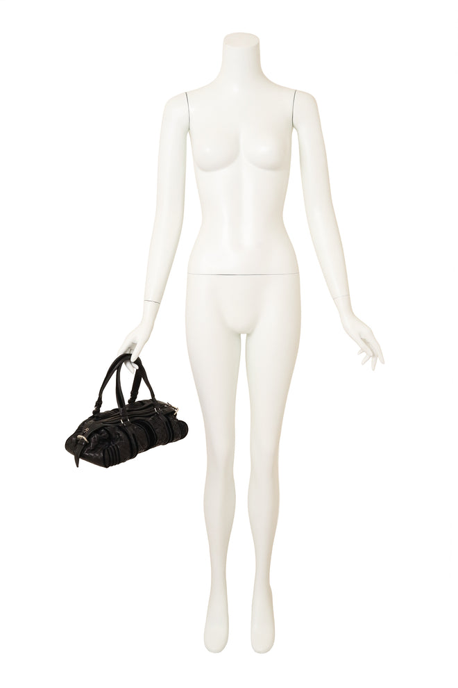 Vintage Bottega Veneta Nappa Velvet Trim Intrecciato Boston Barrel Bag on mannequin @ Recess LA