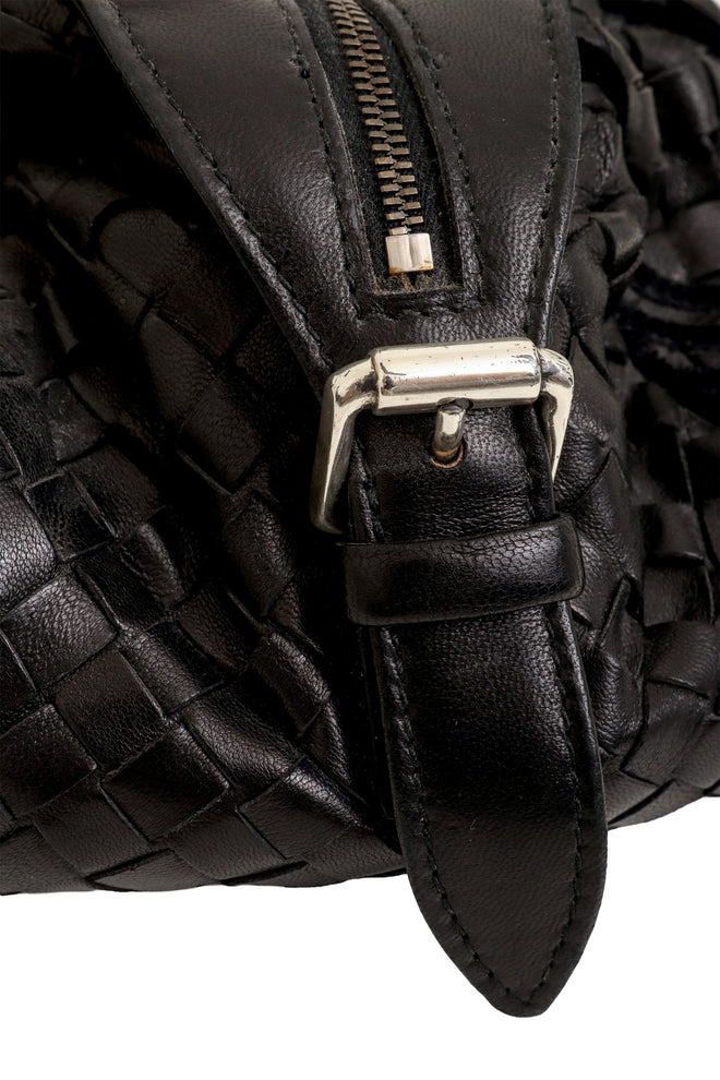 Vintage Bottega Veneta Nappa Velvet Trim Intrecciato Boston Barrel Bag hardware wear @ Recess LA