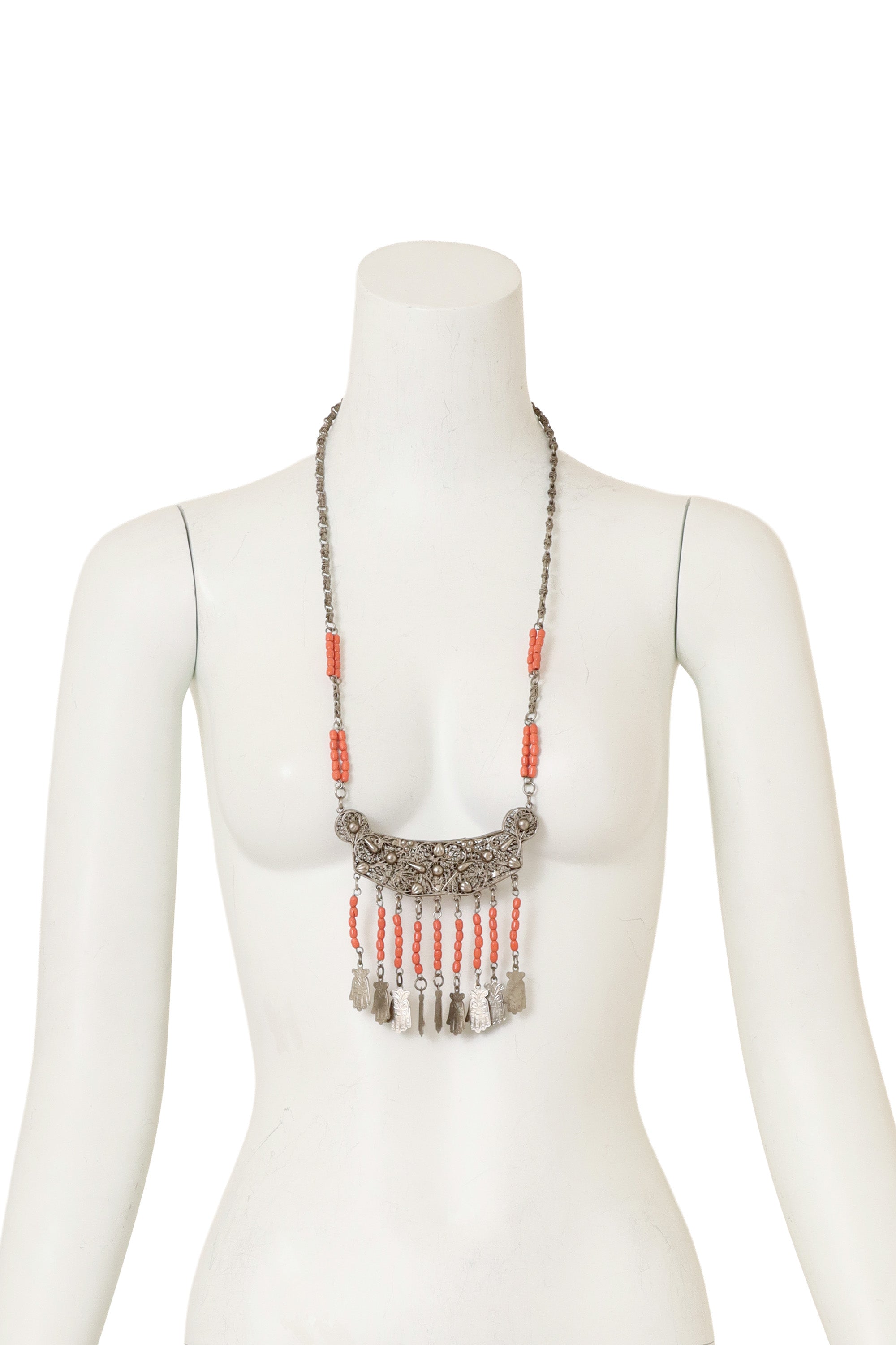 Hamsa Bead Fringe Plate Necklace on mannequin @ Recess LA