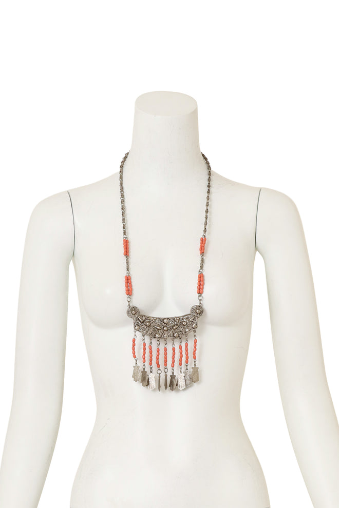 Hamsa Bead Fringe Plate Necklace on mannequin @ Recess LA