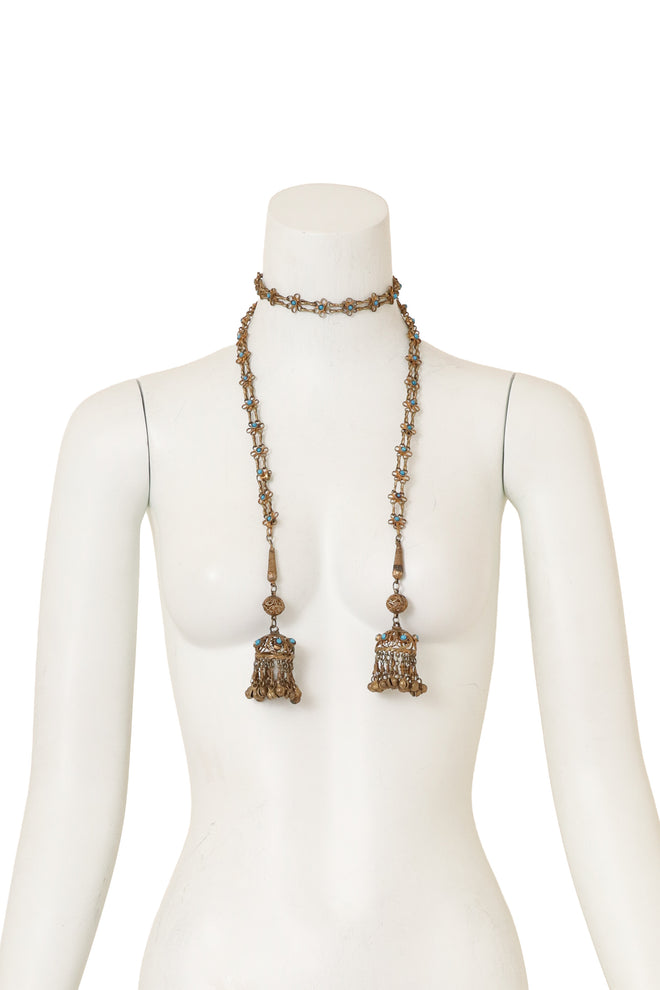Bell Tassel Lariat Chain Necklace Belt on mannequin @ Recess LA
