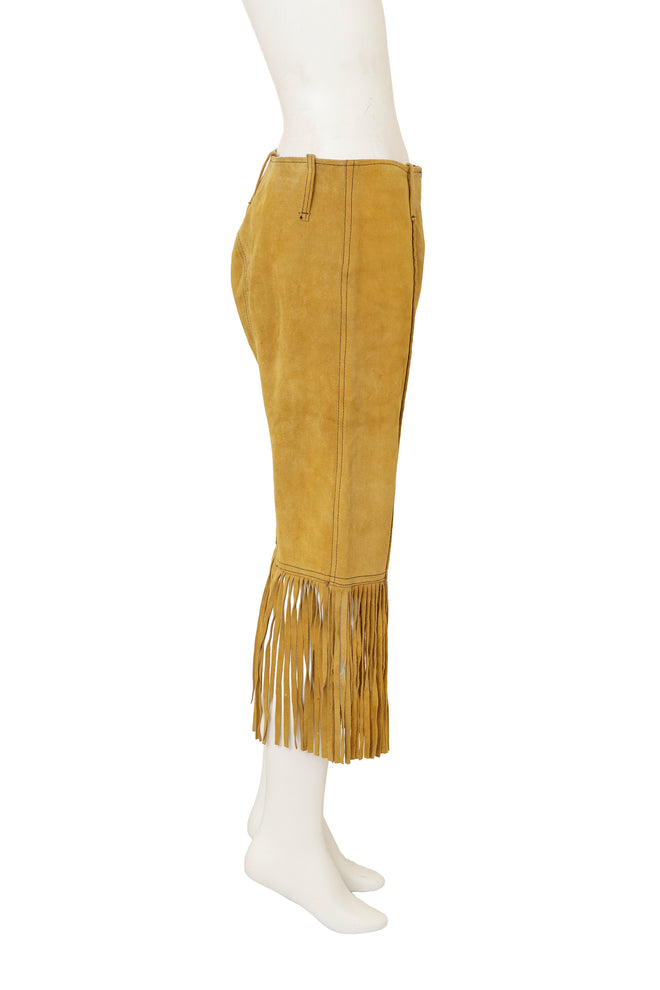 Unsigned vintage suede fringe capri pants on side mannequin @ Recess LA