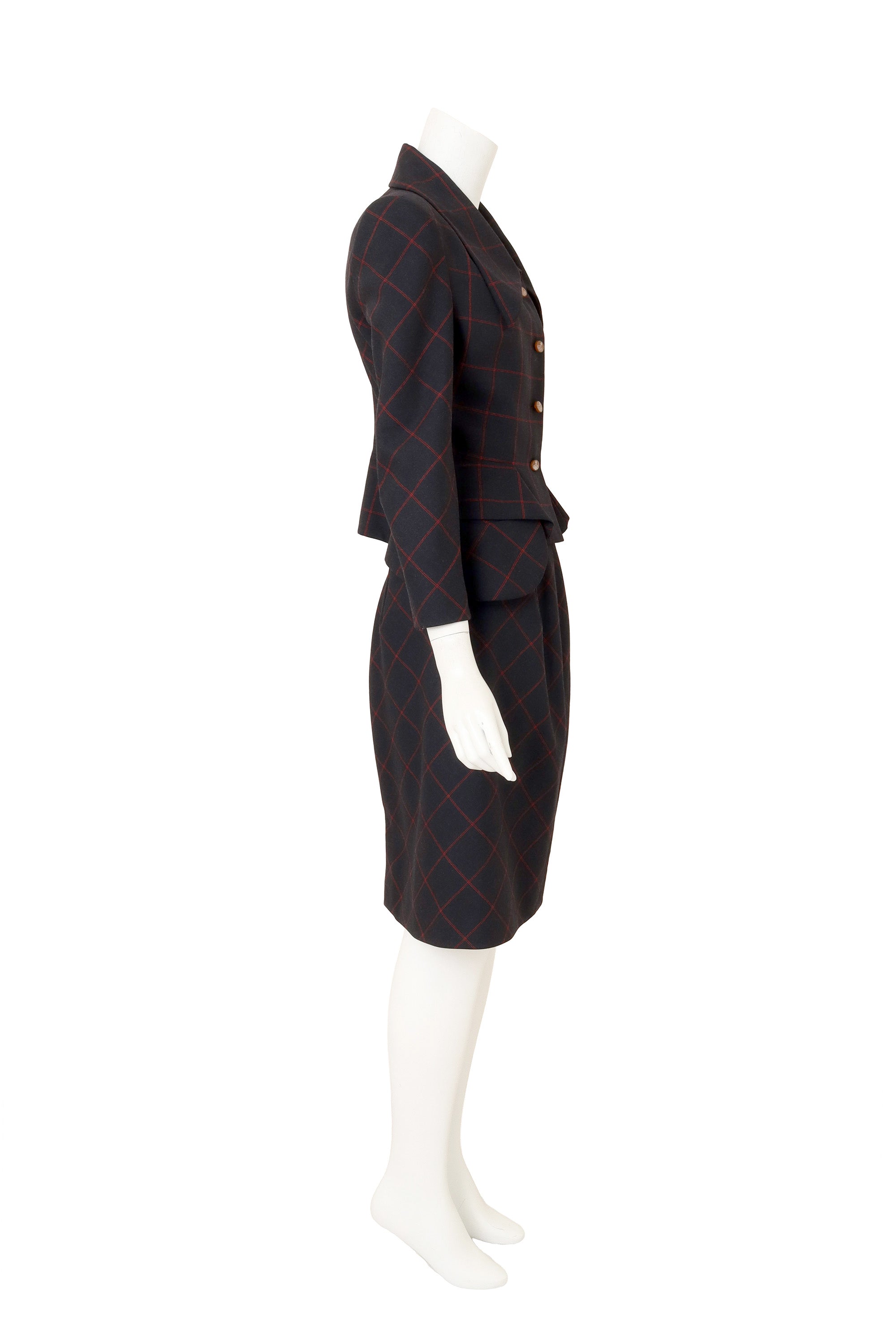 Vintage Windowpane Plaid Skirt Suit by Vivienne Westwood on mannequin side @ Recess LA