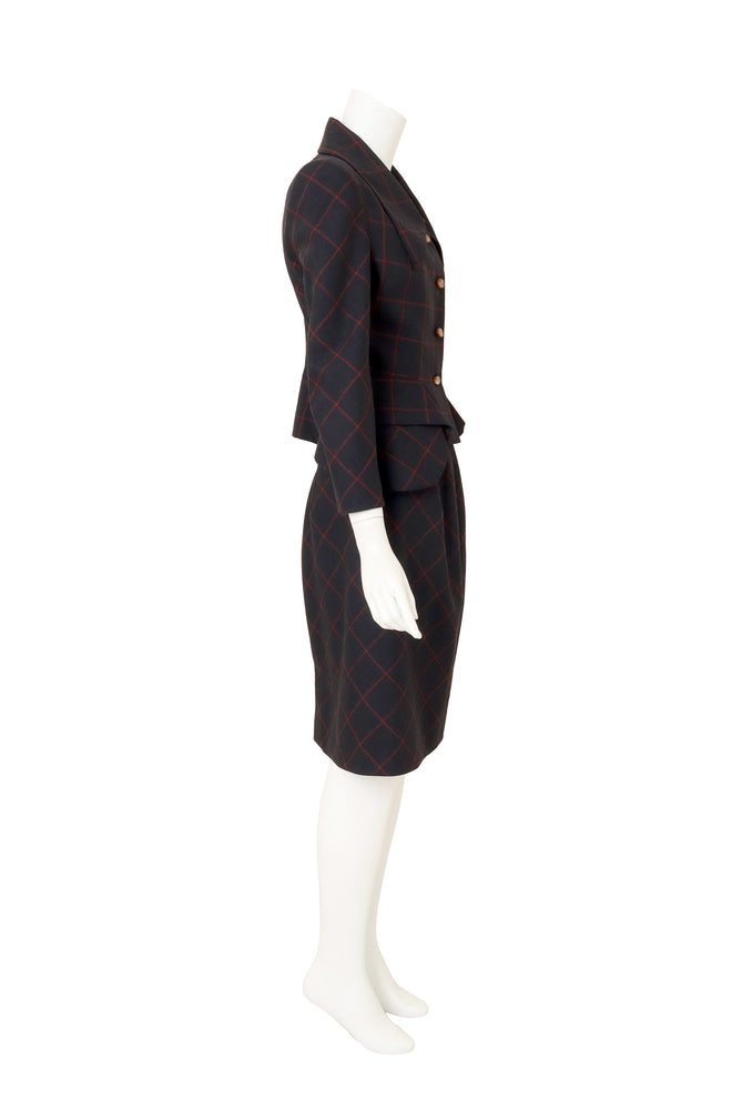 Vintage Windowpane Plaid Skirt Suit by Vivienne Westwood on mannequin side @ Recess LA