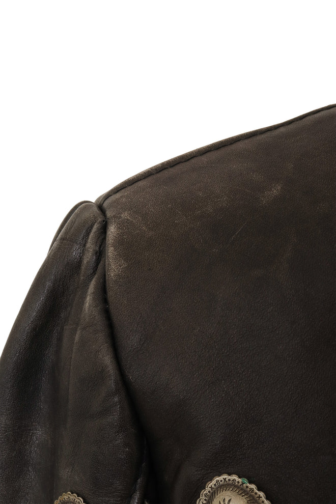 Vintage Fringe Leather Concho Jacket by Gypsy Leather right shoulder scuff @ Recess LA