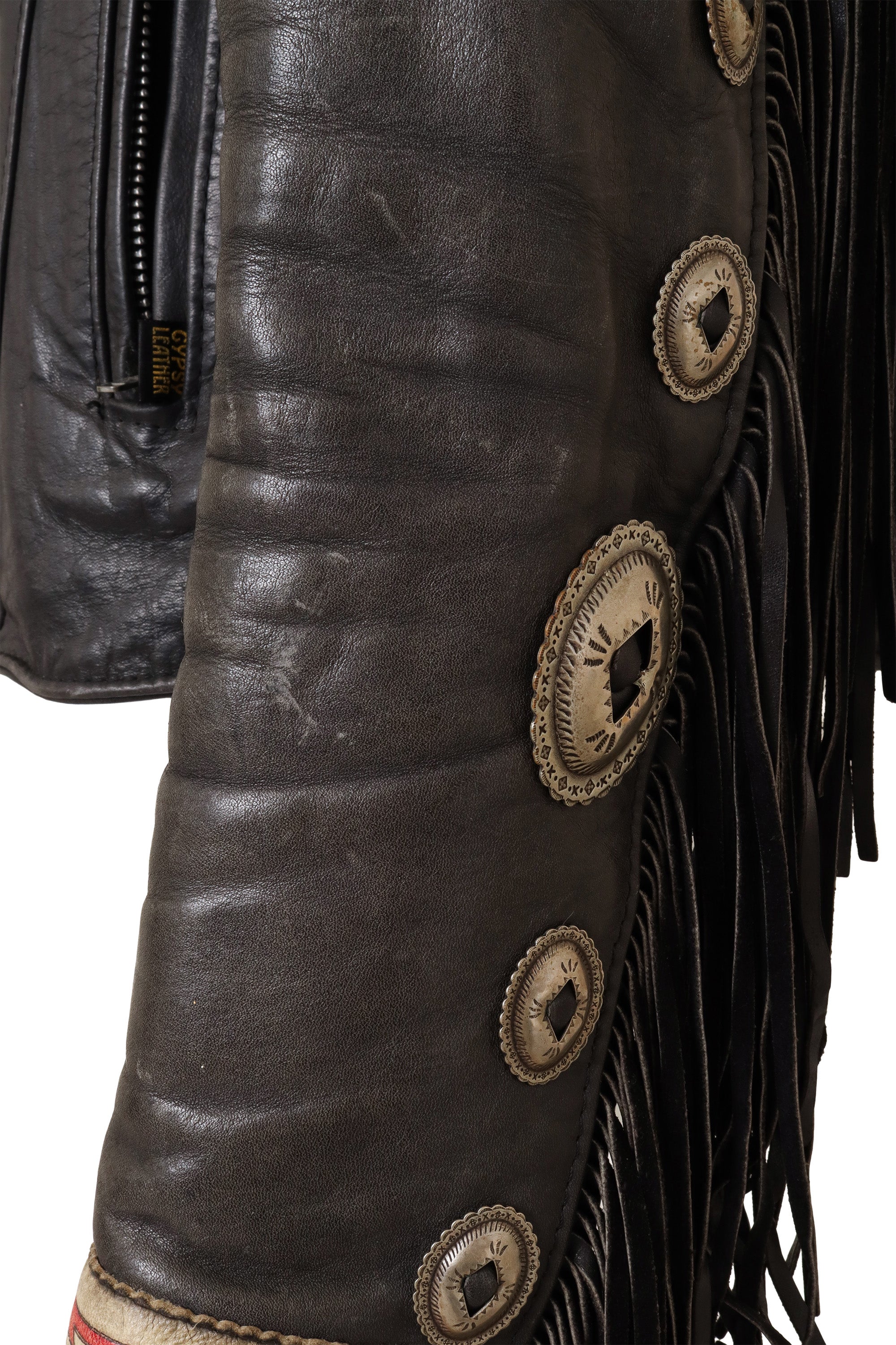 Vintage Fringe Leather Concho Jacket by Gypsy Leather left sleeve scuff @ Recess LA