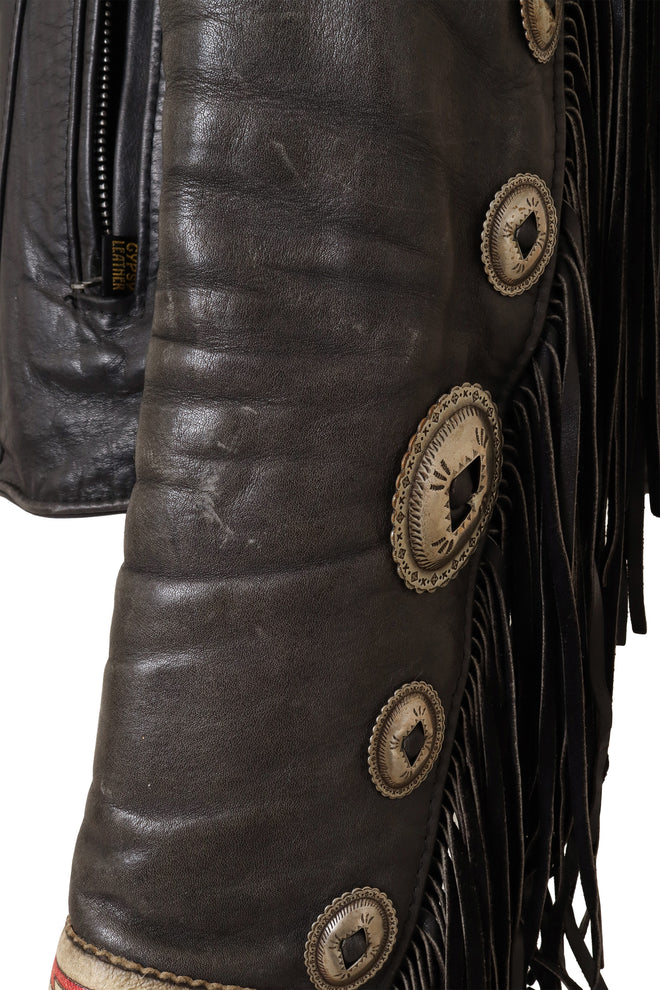 Vintage Fringe Leather Concho Jacket by Gypsy Leather left sleeve scuff @ Recess LA