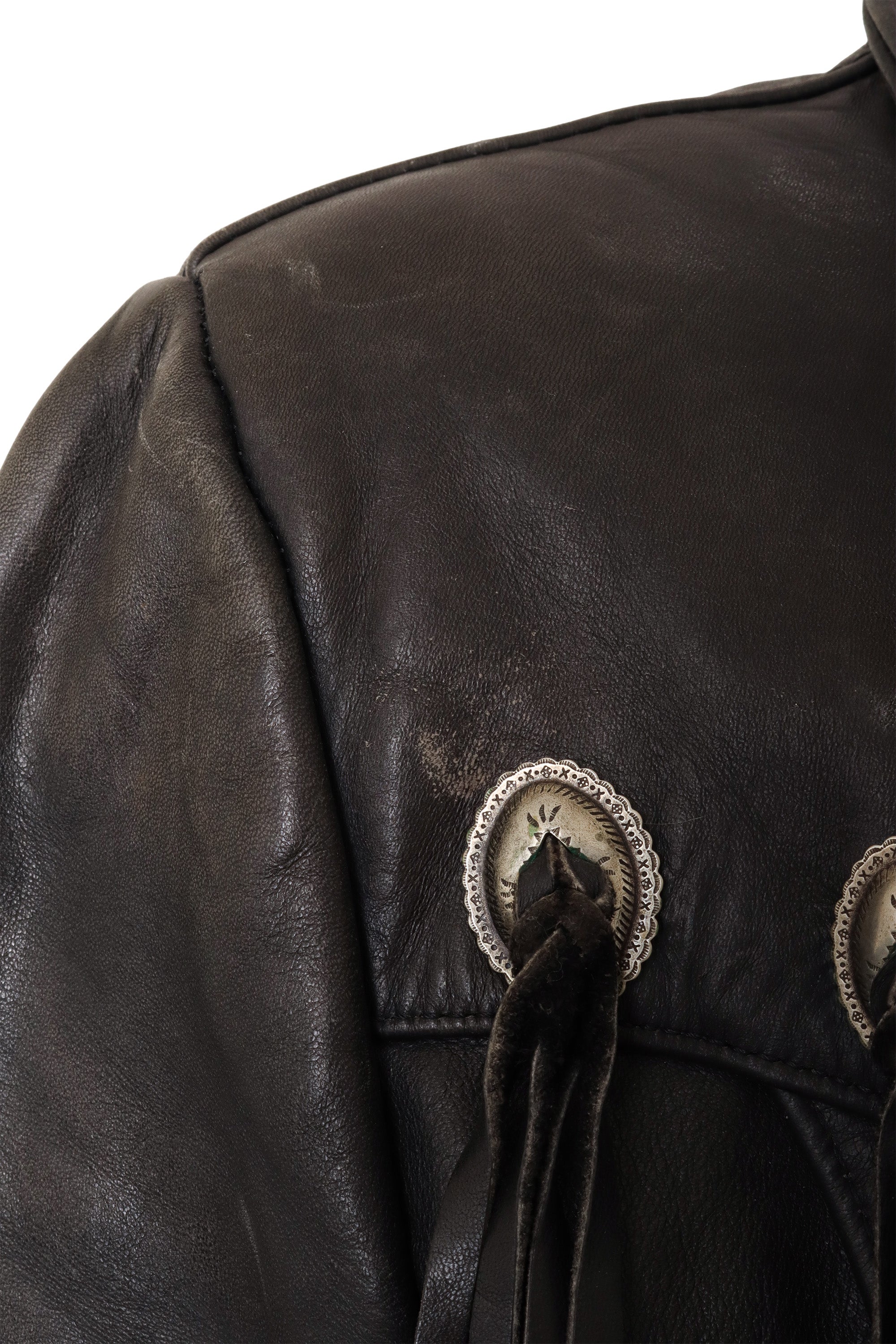 Vintage Fringe Leather Concho Jacket by Gypsy Leather left shoulder scuff @ Recess LA