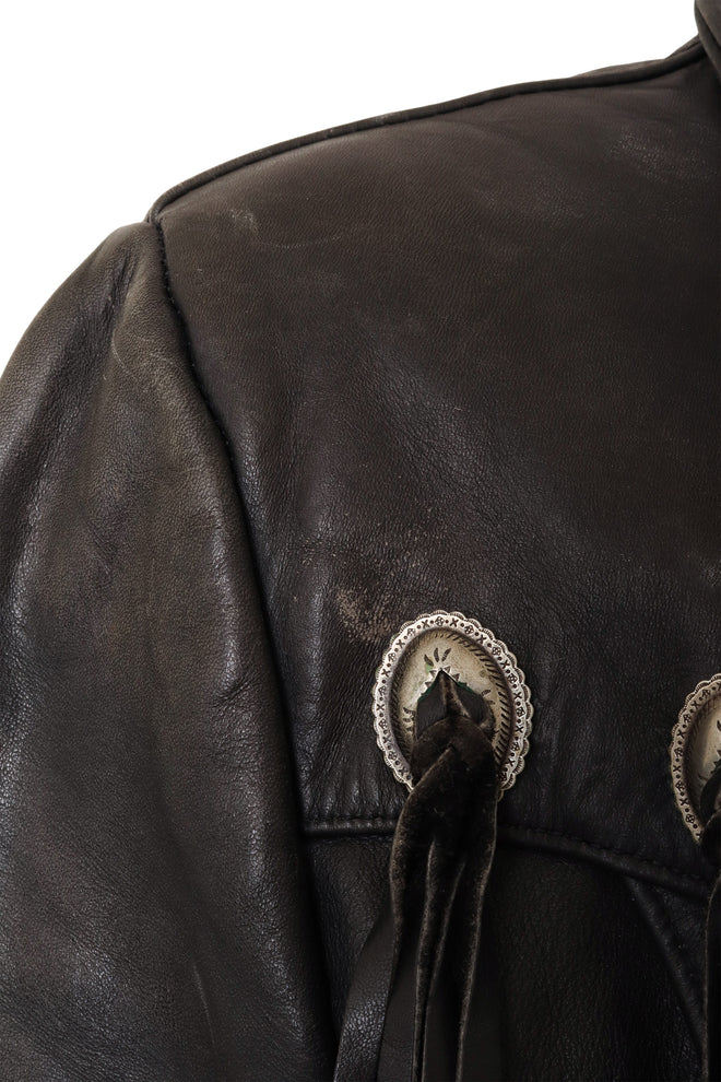 Vintage Fringe Leather Concho Jacket by Gypsy Leather left shoulder scuff @ Recess LA